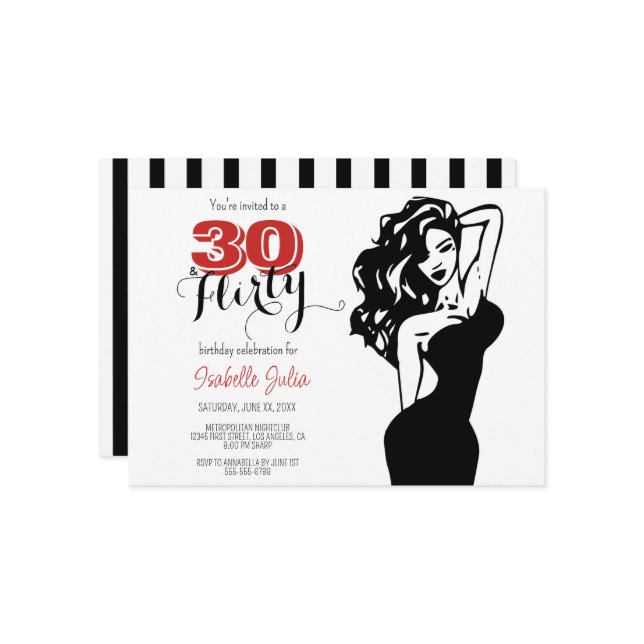 Invitation Moderne 30 & FLIRTY 30e anniversaire Noir & Rouge (Devant/Arrière en situation)