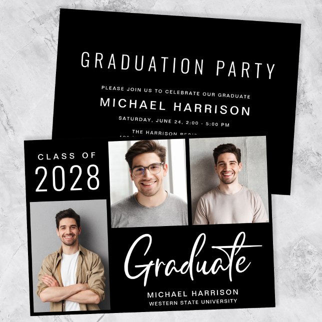 Invitation Moderne 3 Photo Black Graduation Party (A modern photo collage graduation party invitation to celebrate the graduate's achievements)