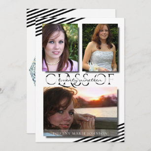 Invitation Moderne 3 Photo Black Stripes Graduation Party