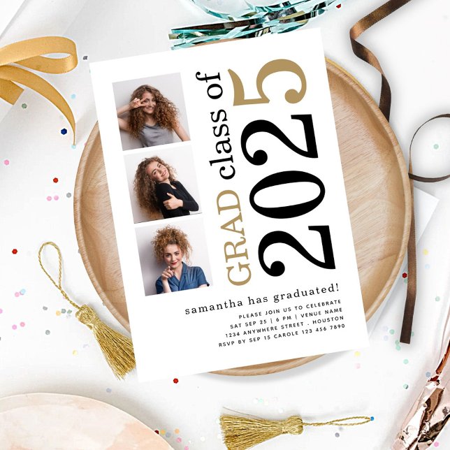 Invitation Moderne 3 photos Black Gold 2025 White Graduation (front view)