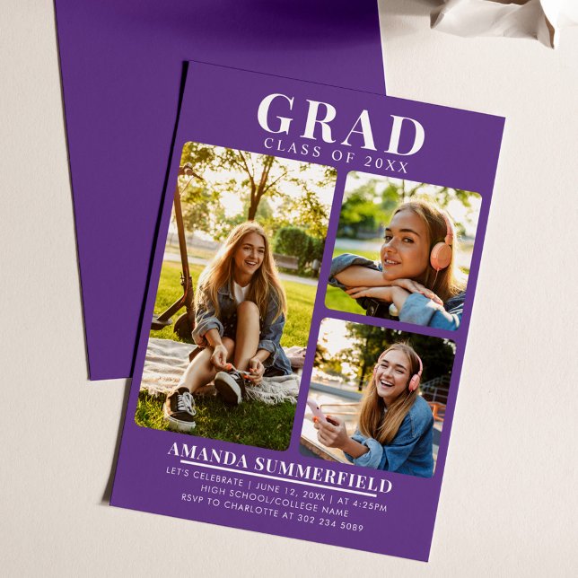 Invitation Moderne 3 Photos Graduées Purple Graduation Party (Graduation Photo Collage Purple Grad Party Invitation)