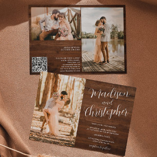 Invitation Moderne 3 photos noms bois Qr mariage