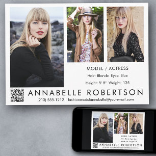 Invitation Moderne 3 Photos QR Code Modèle et Actor Comp Card