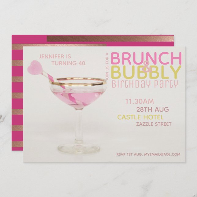 Invitation Moderne 40ème BRUNCH BUBBLY Cocktail ROSE DORÉ (Devant / Derrière)