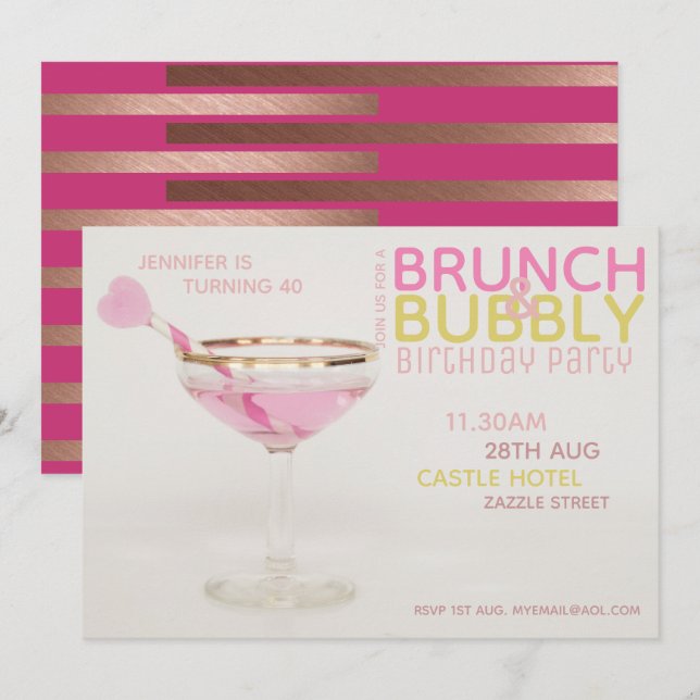 Invitation Moderne 40ème BRUNCH BUBBLY Cocktail ROSE OR (Devant / Derrière)