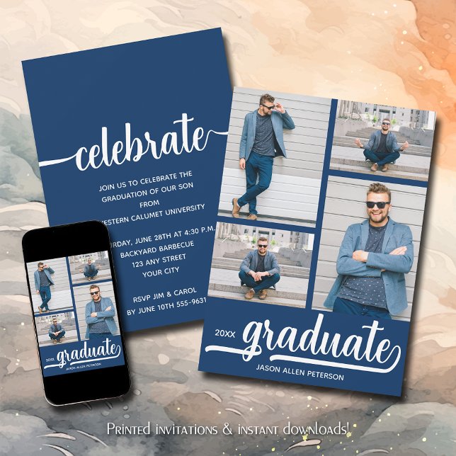 Invitation Moderne 4 Photo Collage Bleu Graduation (Modern 4 photo collage blue  graduation party invitations)