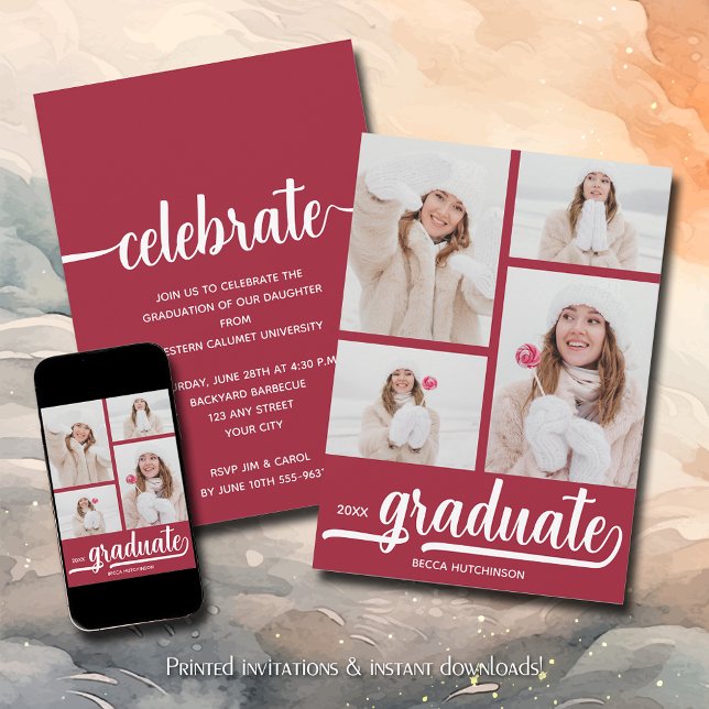 Invitation Moderne 4 Photo Collage Crimson Red Graduation (Modern 4 photo collage crimson red graduation party invitations)