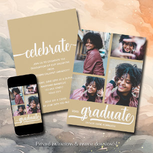 Invitation Moderne 4 Photo Collage Gold Graduation
