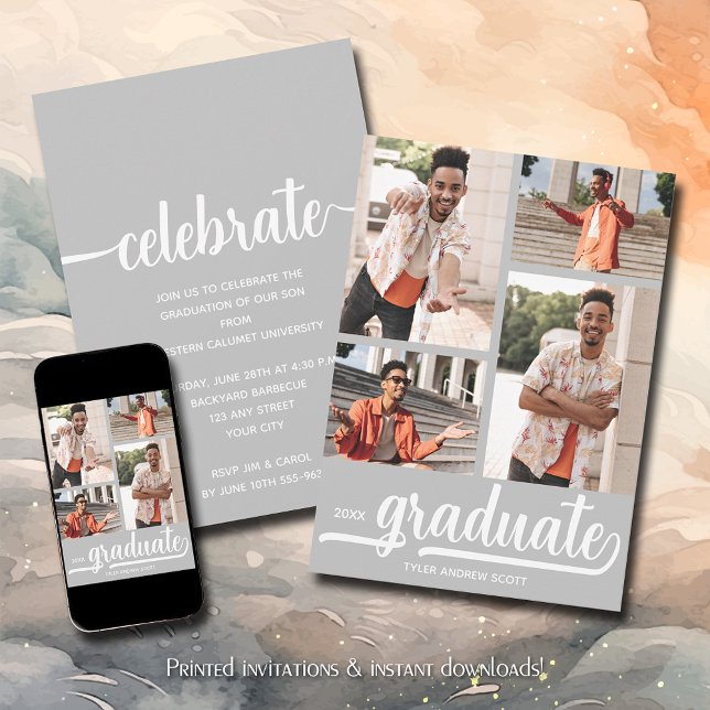 Invitation Moderne 4 Photo Collage Gris Graduation (Modern 4 photo collage silver graduation party invitations)