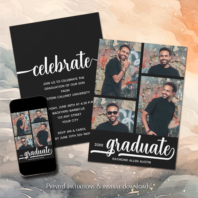 Invitation Moderne 4 Photo Collage noir Graduation (Modern 4 Photo Collage Black Graduation Invitations)