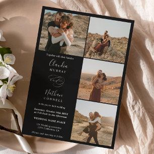 Invitation Moderne 4 Photos élégant script mariage blanc noir