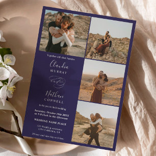 Invitation Moderne 4 Photos élégant script mariage bleu marin