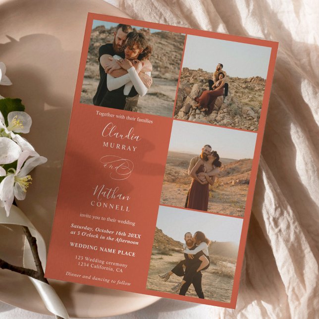 Invitation Moderne 4 Photos élégant script mariage terre cuit (Créateur téléchargé)