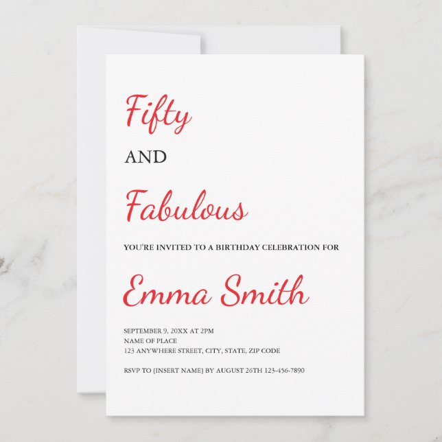 Invitation Moderne 50 ans et Fabulueuse Fête d'anniversaire r (Devant)