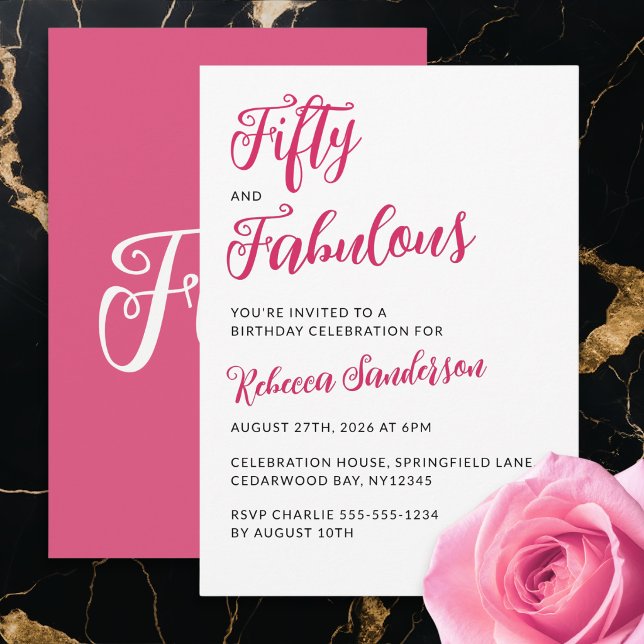 Invitation Moderne 50 ans et Incroyable Fête d'anniversaire r (A "Fifty and Fabulous" invitation for a 50th birthday party, with pink script and black capitals)