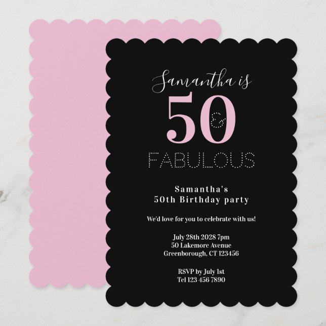 Invitation Moderne 50 Fabuleux 50e Anniversaire Fête Noir Ros (Devant / Derrière)