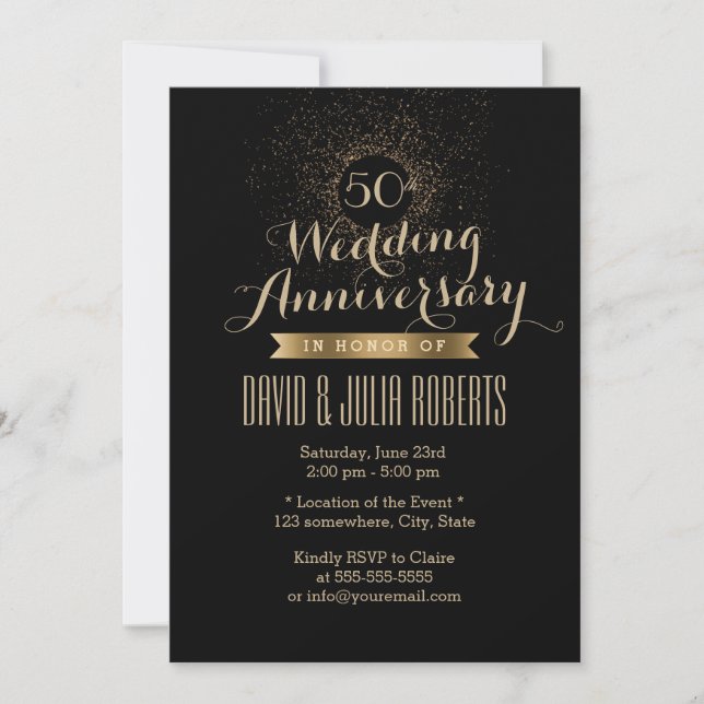 Invitation Moderne 50e anniversaire de mariage noir et or (Devant)
