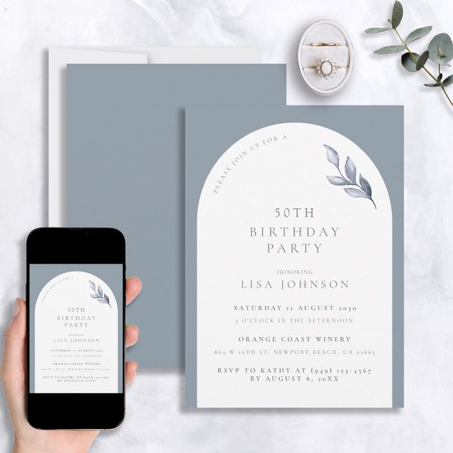 Invitation Moderne 50e anniversaire Dusty Blue Arch Botanical (Créateur téléchargé)