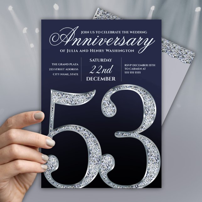Invitation Moderne 53e Anniversaire Diamant Argent Bleu Marin (Créateur téléchargé)