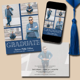 Invitation Moderne 5 Photo Graduation Party Navy Blue