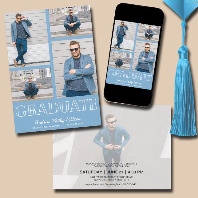 Invitation Moderne 5 Photo Graduation Party Poudre Bleu (Powder blue modern 4 photo graduation party invitations - PRINTED and/or INSTANT DOWNLOAD)