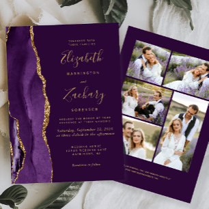 Invitation Moderne 5 Photo Purple Gold Agate Plum Mariage