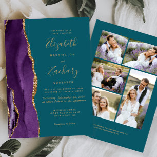 Invitation Moderne 5 Photo Purple Gold Agate Turquoise Mariag