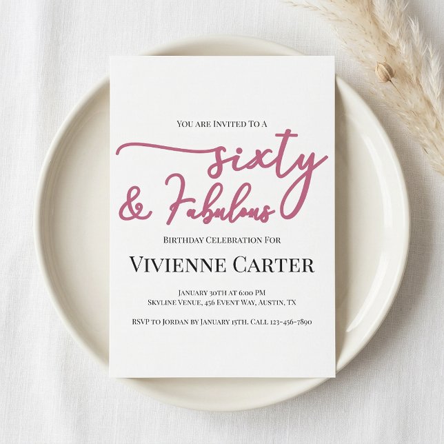 Invitation Moderne 60 ans et Fabulueuse Fête d'anniversaire r (Modern 60 and Fabulous Pink 60th Birthday Party Invitation)