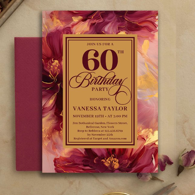 Invitation Moderne 60e Anniversaire Bourgogne Blush Boho Or (Modern 60th Birthday Burgundy Blush Boho Gold Invitation)