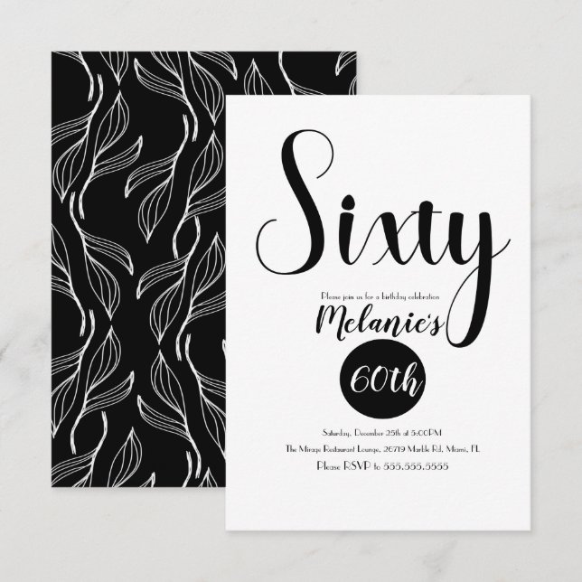 Invitation Moderne 60e Script Gras Noir et Blanc Verdure (Devant / Derrière)