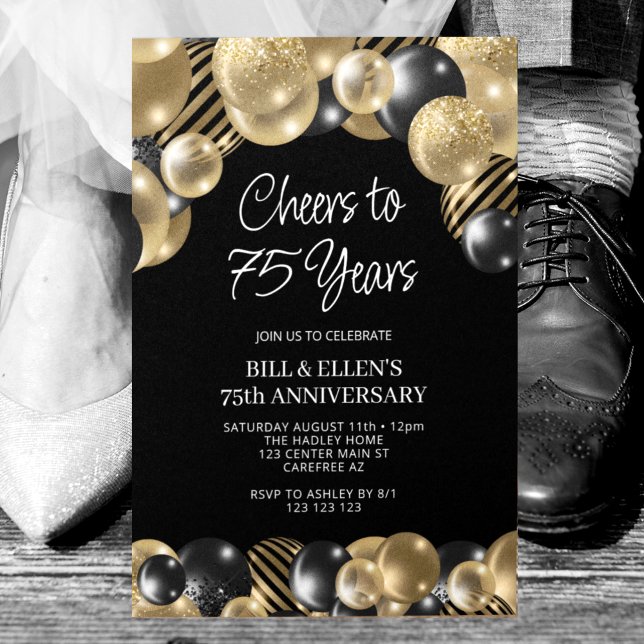 Invitation Moderne 75e anniversaire noir et or (Créateur téléchargé)