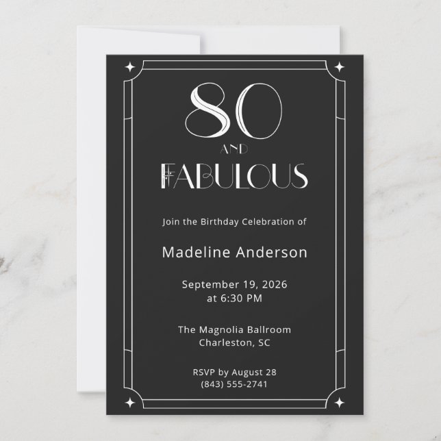 Invitation Moderne 80 ans & Fabuleux Anniversaire 80 ans Noir (Devant)