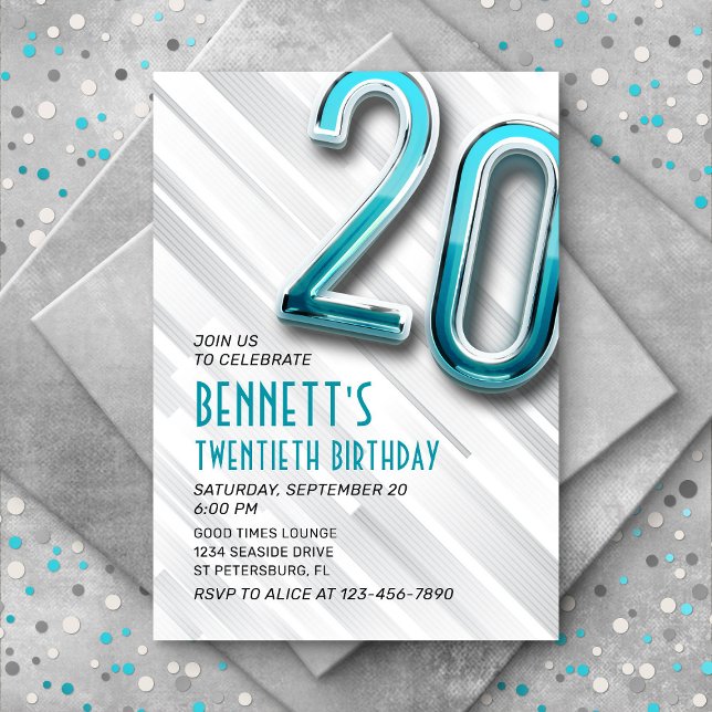 Invitation moderne Adulte Turquoise 20e Anniversai (Créateur téléchargé)