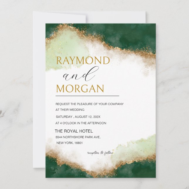 Invitation Moderne Agate Green & Gold Luxury Mariage (Devant)