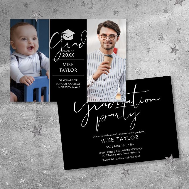 Invitation Moderne Alors Et Maintenant 2 Fête De Graduation P (Modern Then And Now 2 Photo Graduation Party Invitation)