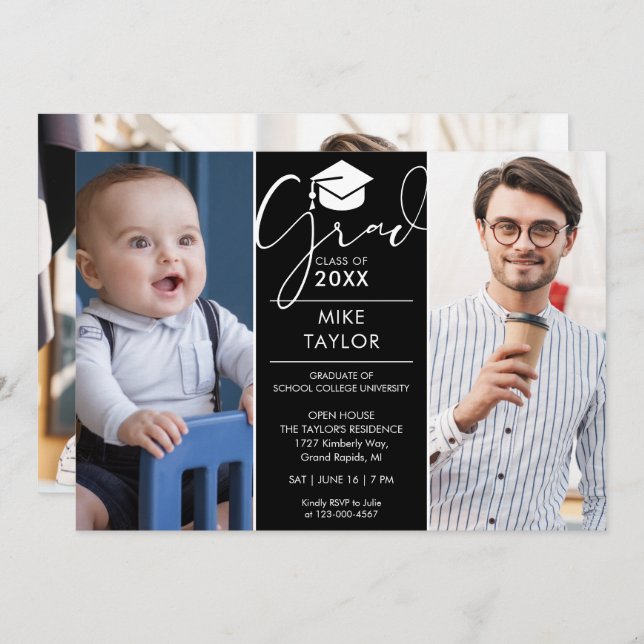 Invitation Moderne Alors Et Maintenant 3 Photo Graduation Par (Devant / Derrière)