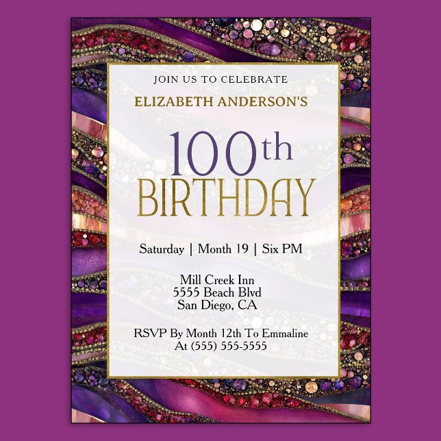 Invitation Moderne Anniversaire 100 Ans Or Violet Bijou Strat (Luxury purple and gold 100th birthday invitation with jeweled marble design and elegant style.
)