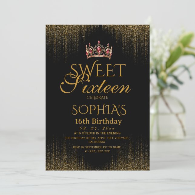 Invitation Moderne Anniversaire 16 Ans Chic Noir (Debout devant)