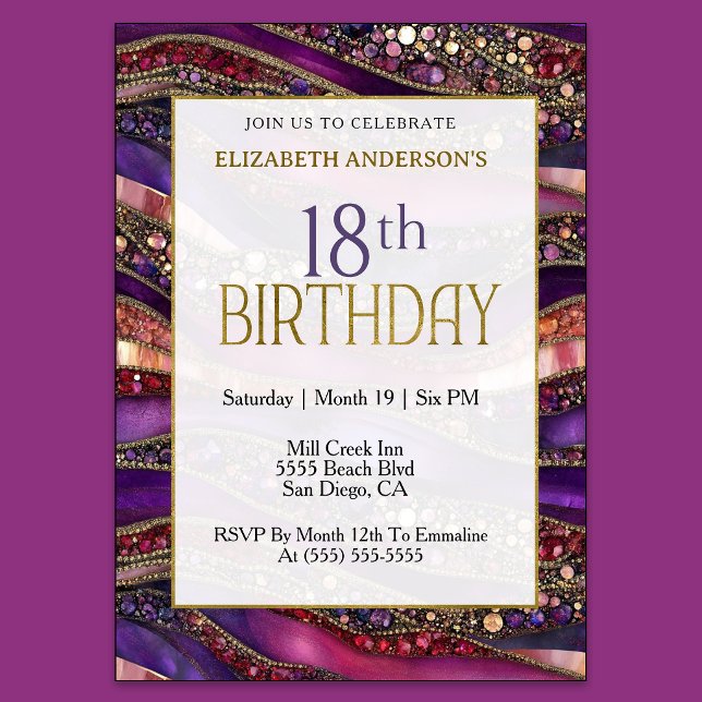 Invitation Moderne Anniversaire 18 Ans Strates De Bijoux Or V (Purple and gold jeweled 18th birthday invitation with glamorous marble design
)