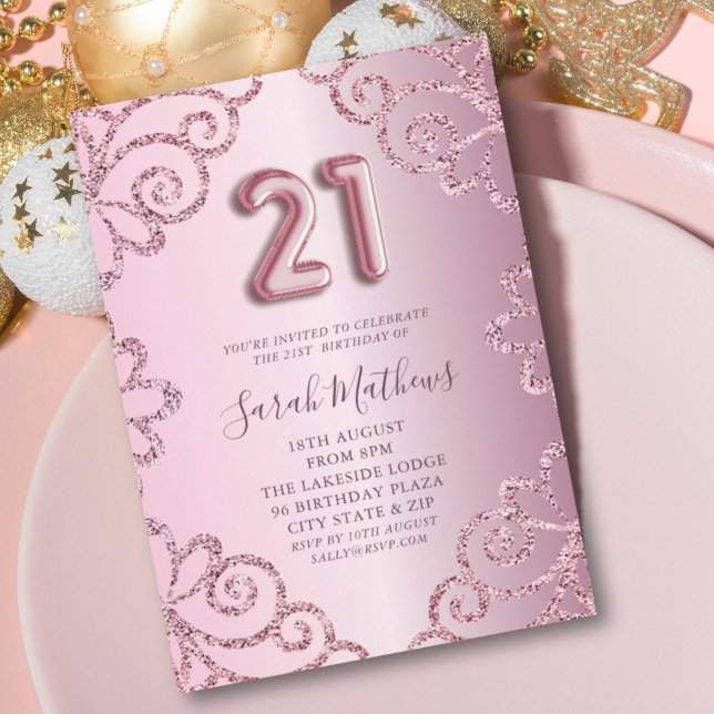 Invitation Moderne Anniversaire 21 Ans Paillettes Rose Brilla (Créateur téléchargé)