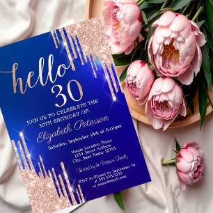 Invitation Moderne Anniversaire 30 ans Bleu Paillettes Or Ros