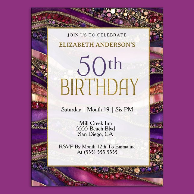 Invitation Moderne Anniversaire 50 Ans Strata Or Violet Bijou (Luxury purple and gold 50th birthday invitation with jeweled marble design and elegant style.
)