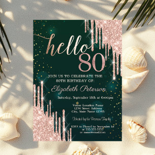 Invitation Moderne Anniversaire 80 Ans Glitter Drips Vert Or