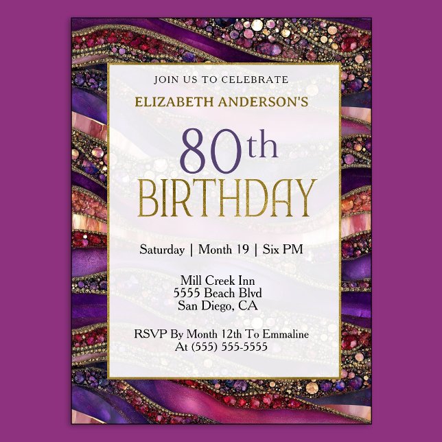Invitation Moderne Anniversaire 80 Ans Strata Violet Or Bijou (Luxury purple and gold 80th birthday invitation with jeweled marble design and elegant style.
)