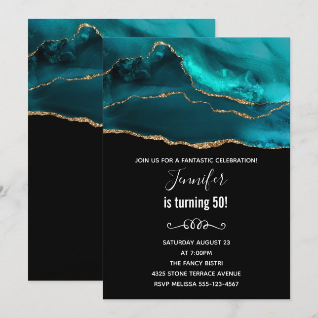 Invitation Moderne Anniversaire Abstrait en Teal et Or avec P (Devant / Derrière)