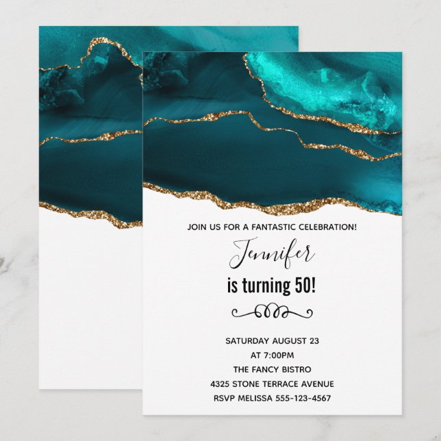 Invitation Moderne Anniversaire Agate Style Téâl Or Et Blanc (Devant / Derrière)