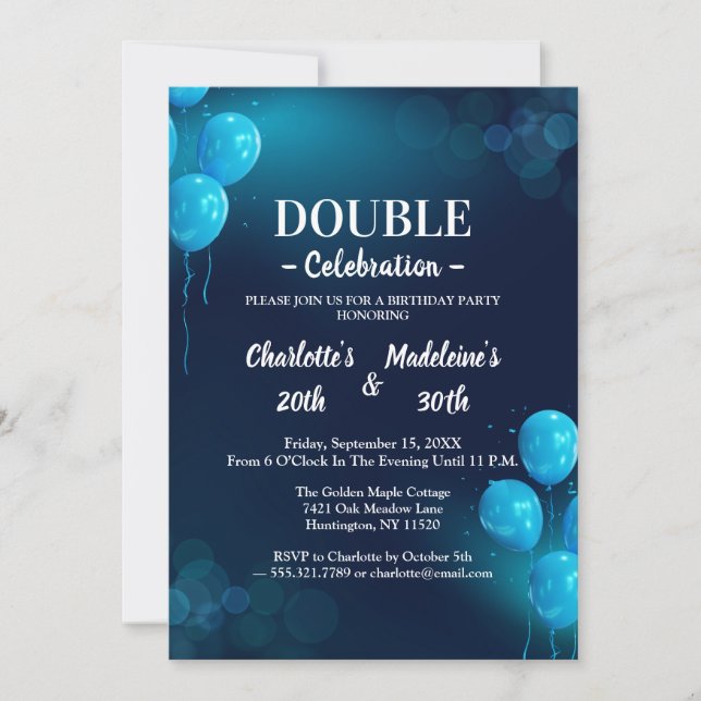 Invitation Moderne Anniversaire Commun Bleu Marine (Devant)