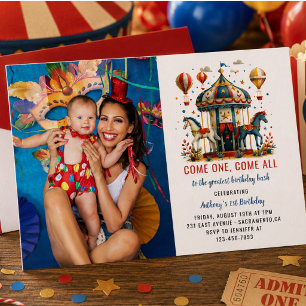 Invitation Moderne Anniversaire de Cirque Carnaval Fête 1 an