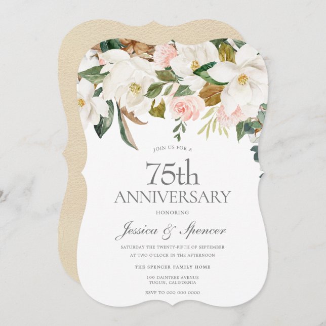 Invitation Moderne Anniversaire de Mariage 75 Ans Floral Blan (Devant / Derrière)