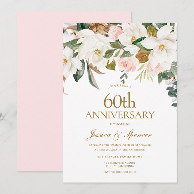 Invitation Moderne Anniversaire de Mariage Blanc Floral 60 an (Devant / Derrière)